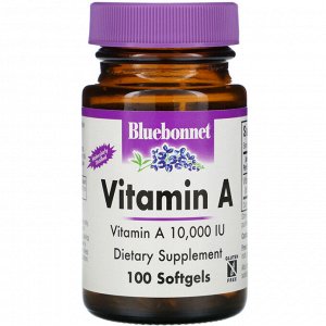 Bluebonnet Nutrition, Витамин А 10 000 МЕ, 100 мягких желатиновых капсул