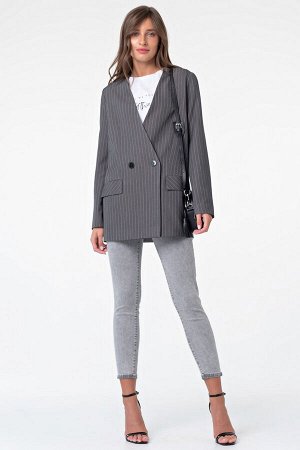 Пиджак двубортный без воротника в полоску серый