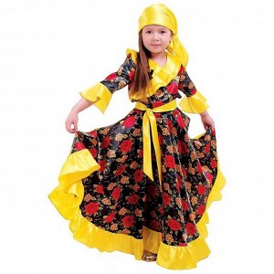 Карнавальный цыганский костюм для девочки, жёлтый с оборкой по груди, р. 32, рост 122 см
