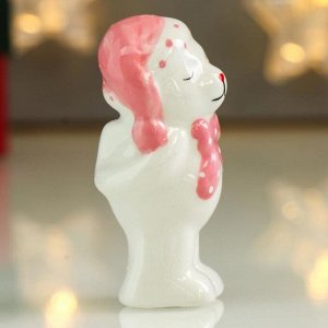 Сувенир керамика "Мишка Кроха в новогоднем розовом колпаке и с бантом" 7,8х3,5х3,5 см