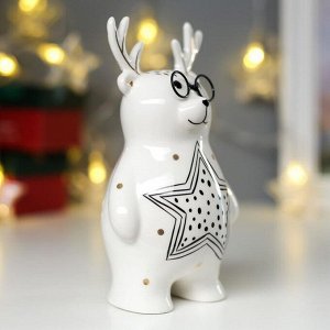 Сувенир керамика "Мишка с рожками оленя" бело-чёрный с золотом 16,3х7,9х9,2 см