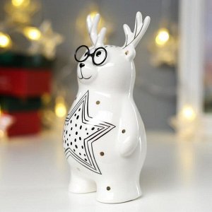 Сувенир керамика "Мишка с рожками оленя" бело-чёрный с золотом 16,3х7,9х9,2 см