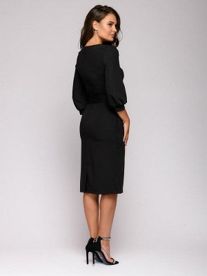 Платье-футляр черное с объемными рукавами и V-образным вырезом