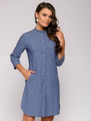 Платье-рубашка синее в полоску с длинными рукавами