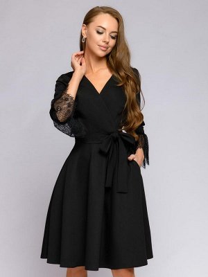 Платье черное длины миди с V-образным вырезом и кружевными рукавами