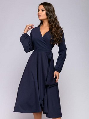 Платье темно-синее длины миди с запахом и длинными рукавами