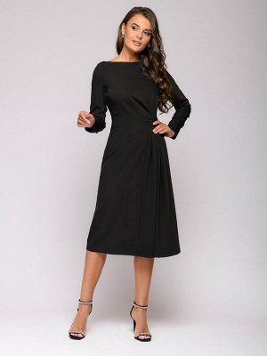 Платье черное длины миди со складками на юбке