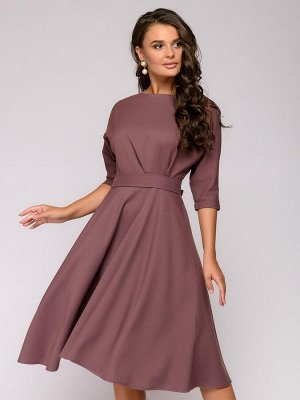 Платье цвета шоколад длины миди с защипами на талии