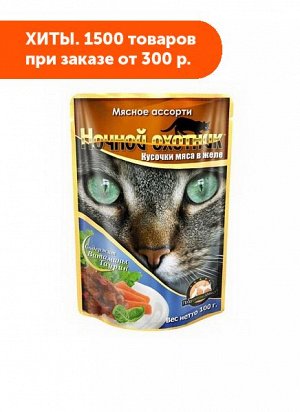 Ночной охотник влажный корм для кошек Мясное ассорти в желе 100гр пауч