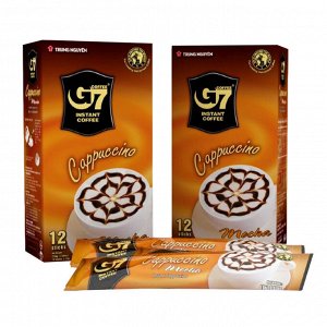 Растворимый кофе  фирмы «TrungNguyen» «G7»  капучино 3в1: - СО ВКУСОМ МОККО. Состав: кофе, сахар, сливки. В 1 упаковке 12 пакетиков по 18 грамм.