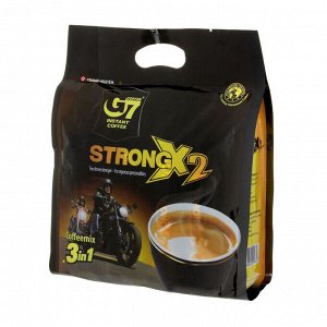 Растворимый кофе  фирмы «G7». «STRONG X2» 3в1

Состав: кофе, сахар, сливки.
В 1 упаковке 24 пакетика по 25гр