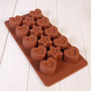 Форма силиконовая для шоколада "Звезды и сердца" 20*10 см, 14 ячеек