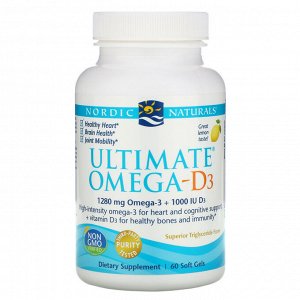 Nordic Naturals, Омега-D3 Ultimate, лимон, 1000 мг, 60 гелевых капсул