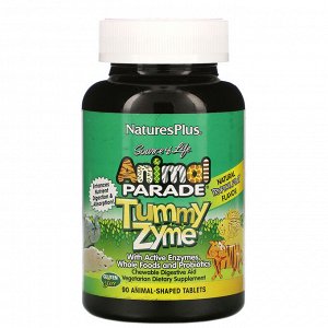 Nature&#x27 - s Plus, Source of Life, Animal Parade, Tummy Zyme с активными ферментами, цельными продуктами и пробиотиками, натуральный вкус тропических фруктов, 90 таблеток в форме животных