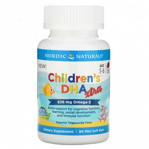 Nordic Naturals, Children&#x27 - s DHA Xtra, для детей от 3 до 6 лет, ягодный вкус, 636 мг, 90 мини-капсул