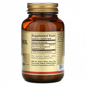 Solgar, Resveratrol, 500 мг, 30 растительных капсул