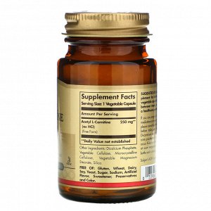 Solgar, Ацетил-L-Карнитин, 250 мг, 30 вегетарианских капсул