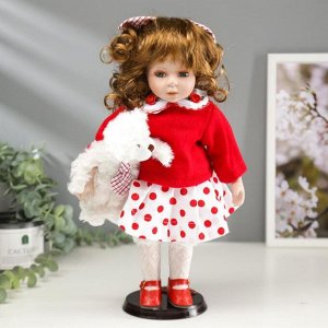 Кукла коллекционная керамика "Малышка Аля в красном свитере и юбке в горох, с мишкой"30,5 см