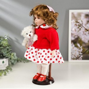 Кукла коллекционная керамика "Малышка Аля в красном свитере и юбке в горох, с мишкой"30,5 см