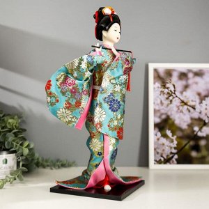 Кукла коллекционная "Гейша в бирюзовом кимоно с цветами" 42х16,5х16,5 см