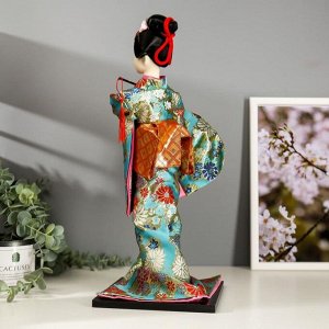 Кукла коллекционная "Гейша в бирюзовом кимоно с цветами" 42х16,5х16,5 см