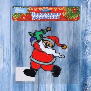 Наклейка на стекло "Дед Мороз в колпаке с ёлкой" 11,5х15 см