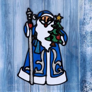 Наклейка на стекло "Дед Мороз в синей шубе с ёлкой" 12,5х18,5 см