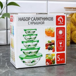 Набор салатников Доляна «Классика», с крышками, 5 шт: 900 мл (17*7,6 см), 500 мл (16*6 см), 350 мл (12,5*5,4 см), 200 мл (10,5*4,5 см), 130 мл (9*3,7 см), цвет зелёный