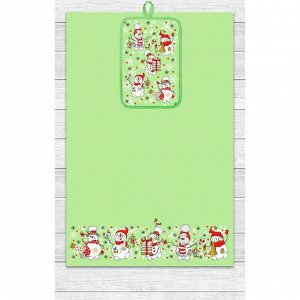 Кухонный набор Снеговики (полотенце 39х60, прихватка 14,5х22) зеленый, хлопок 100%, 200г/м2