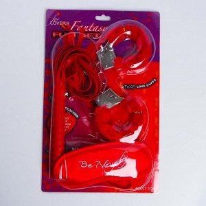 Набор влюбленных, 3 предмета: плетка, наручники, повязка, цвет красный