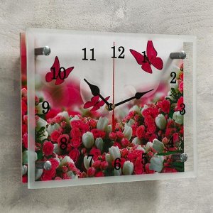 Часы настенные, серия: Цветы, "Бабочки над цветами", 20х30  см, микс