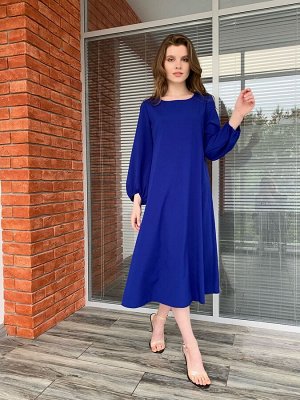 S2028 Платье струящееся с объёмными рукавами темно-синее