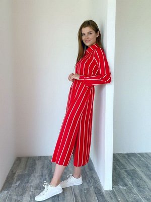 S2010 Платье-рубашка в широкую полоску красное