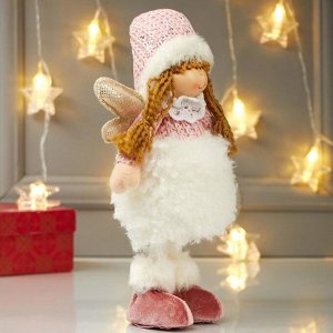 Кукла интерьерная "Ангелочек Еся в белом меховой юбке, в розовом колпаке" 39х7х18 см