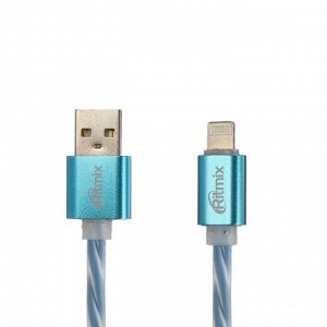 Кабель Ritmix RCC-322, Lightning-USB, 2 А, для синхр/зарядки, силиконовая оплетка, 1 м,синий