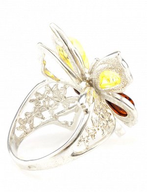 Эффектное кольцо из серебра с натуральным коньячным и лимонным янтарём «Апрель», 606306094