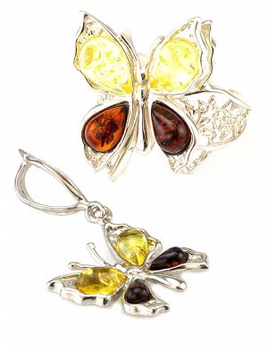 Эффектное кольцо из серебра с натуральным коньячным и лимонным янтарём «Апрель», 606306094