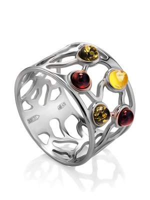 Яркое широкое кольцо «Лимбо» из серебра и янтаря разных цветов, 006306155
