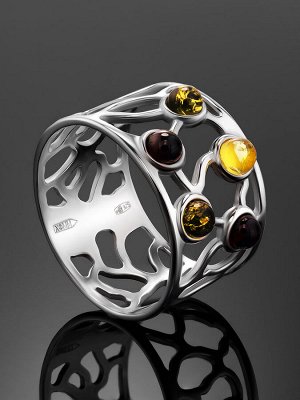 Яркое широкое кольцо «Лимбо» из серебра и янтаря разных цветов
