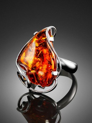Серебряное кольцо с натуральным янтарем красивого коньячного цвета «Риальто», 006307153