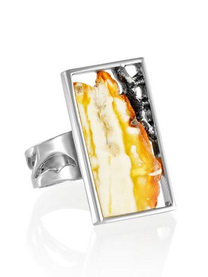 Красивое ажурное кольцо «Модерн» из серебра и натурального балтийского янтаря, 006307097