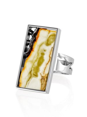 Элегантное серебряное кольцо «Модерн» со вставкой из натурального пейзажного янтаря, 006307094