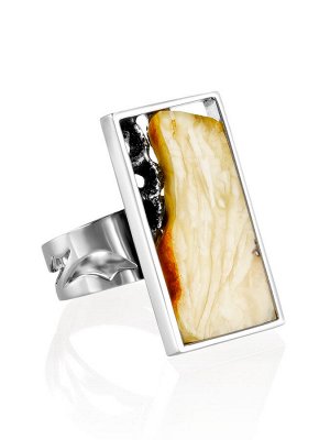 Серебряное прямоугольное кольцо со вставкой из пейзажного янтаря «Модерн», 006307099