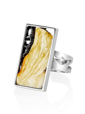 Серебряное прямоугольное кольцо со вставкой из пейзажного янтаря «Модерн», 006307099