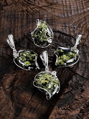 Изящные фигурные серьги из зеленого искрящегося янтаря в серебре «Риальто», 006507152