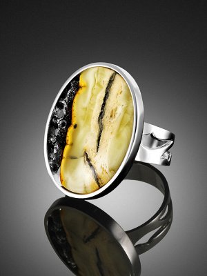 Овальное кольцо из серебра со вставкой пейзажного янтаря «Модерн», 006307083