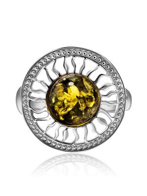 Ажурное кольцо из серебра и янтаря зелёного цвета «Парнас», 006303160