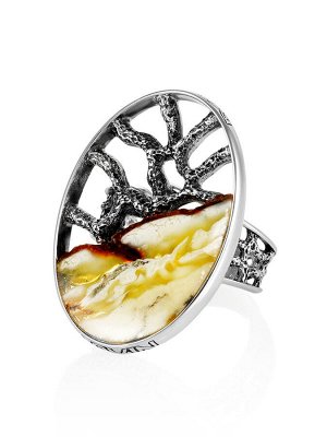 Серебряное кольцо «Модерн» овальной формы со вставкой из пейзажного янтаря, 006308321