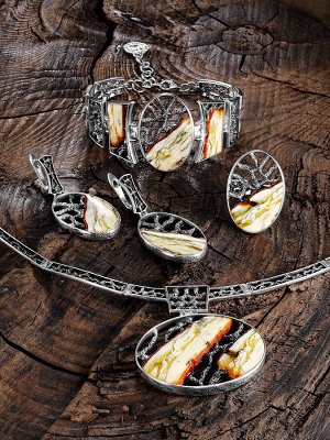 Эксклюзивные серебряные серьги «Модерн» со вставками текстурированного пейзажного янтаря, 006508319
