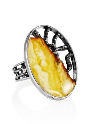 Серебряное овальное кольцо «Модерн» со вставкой из медового янтаря, 006308314